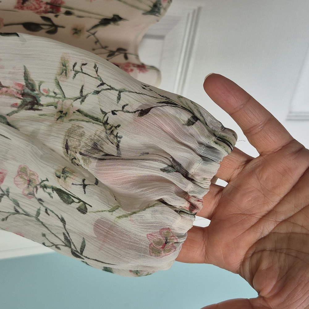 Rose + Olive Floral Long Sleeve Blouse | Cream Sheer Lined Top | Size Small - Picture 8 of 17